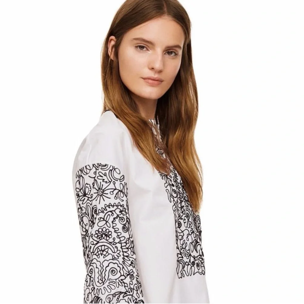 Tory Burch Embroidered White Cotton Poplin Top with Black Embroidery Size 6